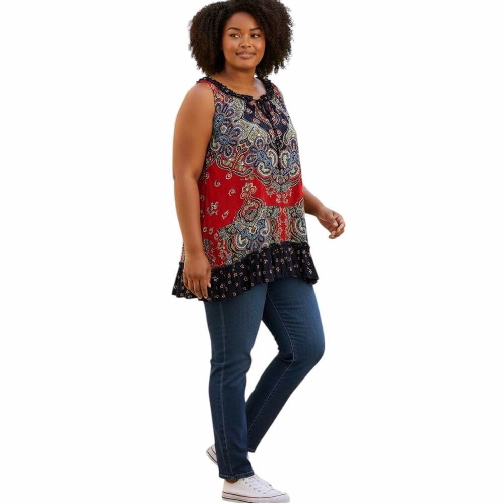 Bila Boho Cottagecore Tank Top Women XL Ruffle Hem Paisley Peasant Boho